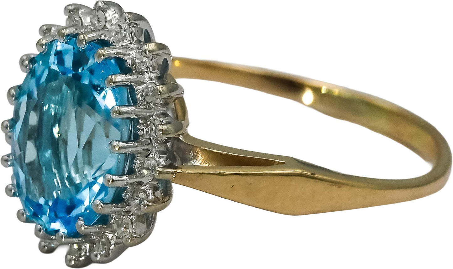 14k Yellow Gold Diamond and Blue Topaz Halo Ring 3.10CT Size 7.25