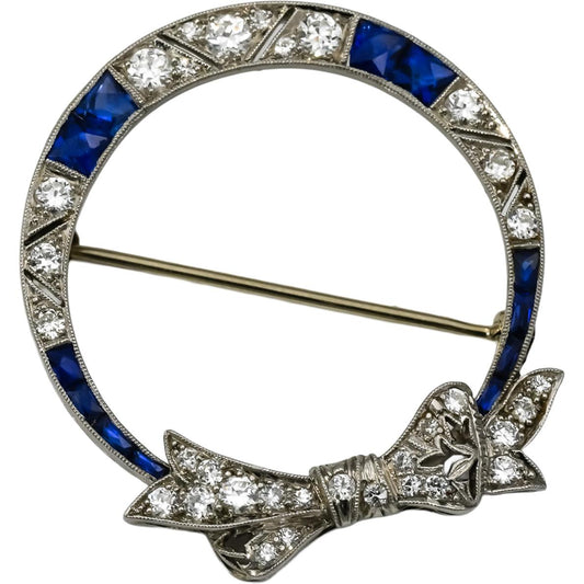 Art Deco Platinum VS Diamond and Synthetic Sapphire Wreath Ribbon Brooch 1.85CT