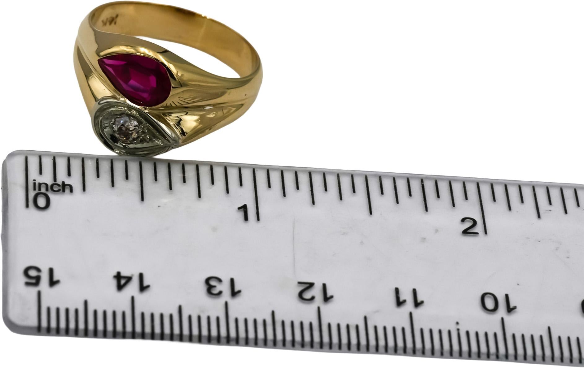 Vintage 14k Yellow Gold Diamond and Synthetic Ruby Ring 0.17CT Size 9.5