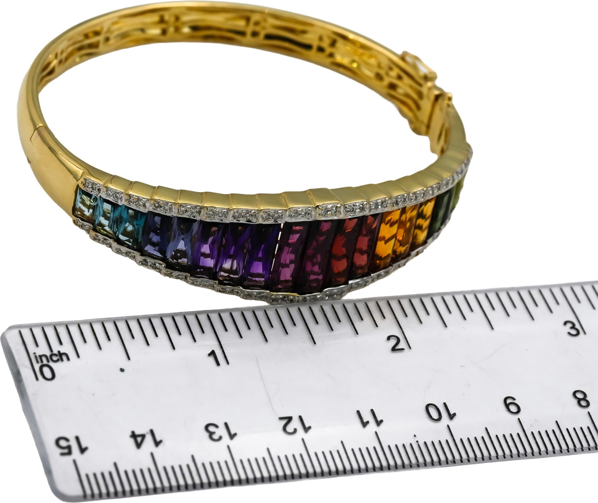 BELLARI 18k Yellow Gold Diamond and Rainbow Gemstone Bangle Bracelet 0.20CT