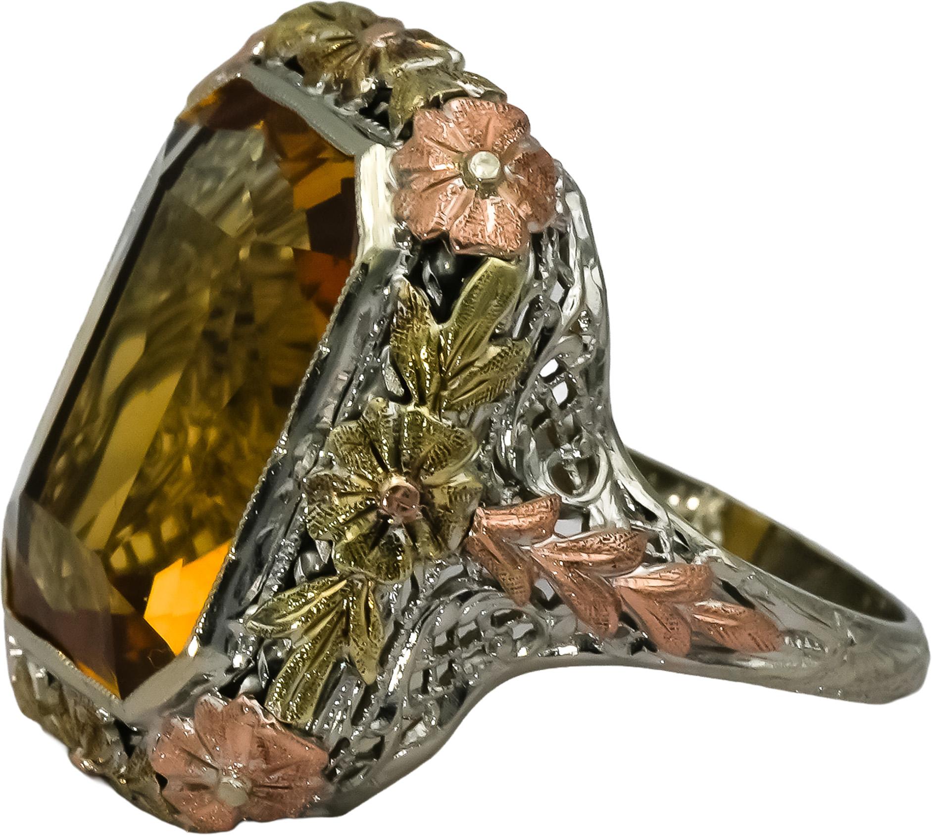 Art Deco Filigree Antique 14k White and Yellow Gold Citrine Ring 10.0CT Size 4.5