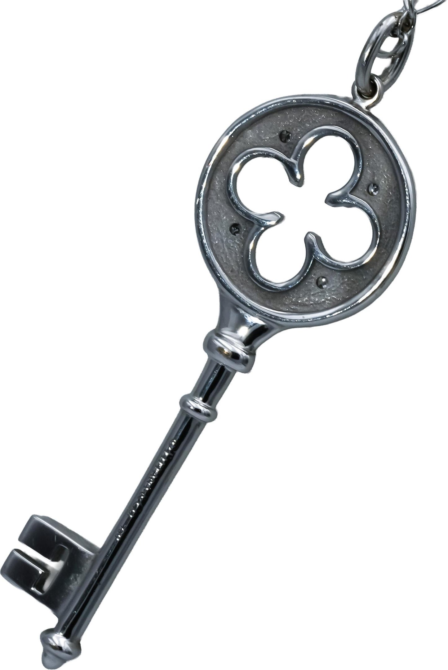 TIFFANY & CO. 18k White Gold Clover Key Pendant Necklace w/ Diamond Accents