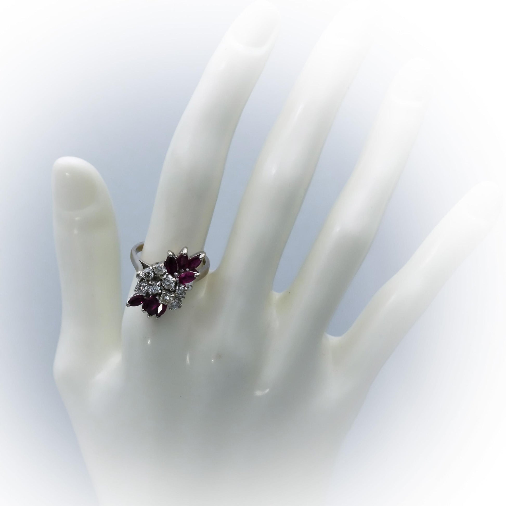 Vintage 14k White Gold Round Diamond & Marquise Ruby Cocktail Ring 1.75CT Size 7