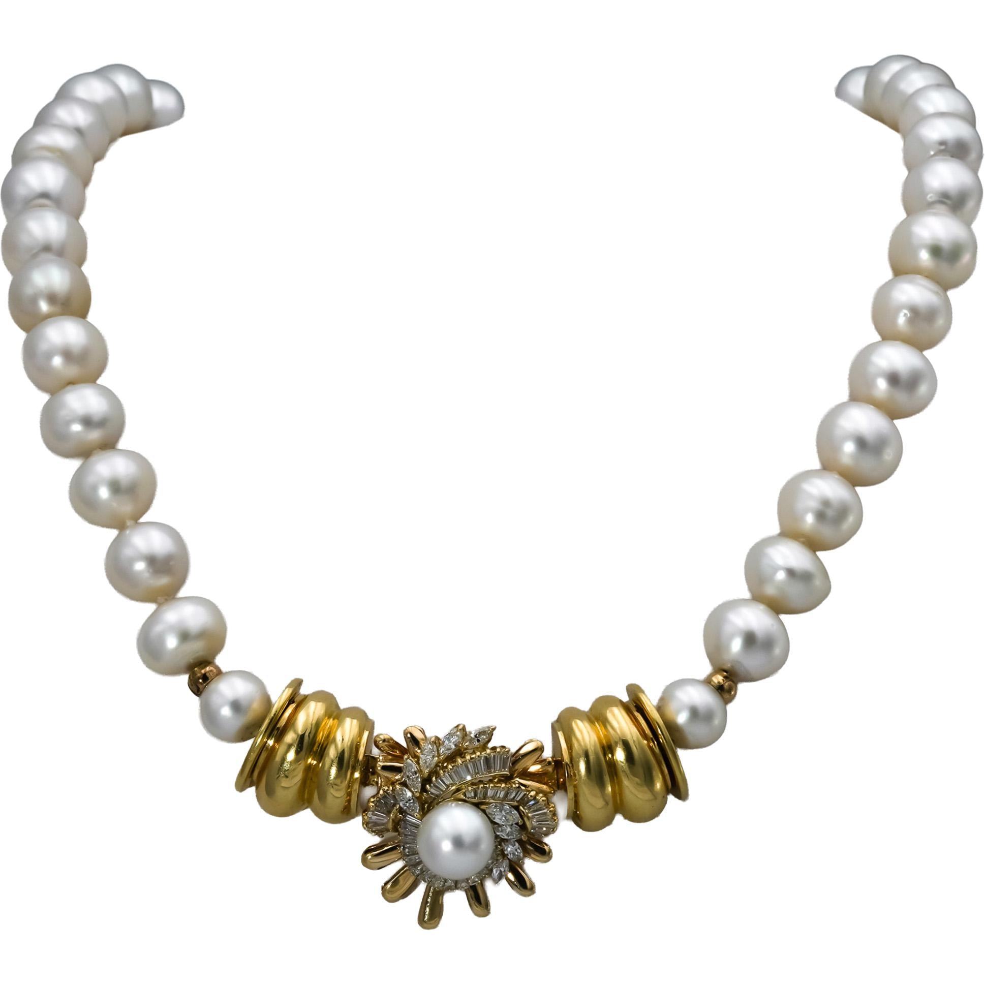 18k Yellow Gold Diamond & 10-12.5mm Cultured Pearl Strand Necklace 3.0CT