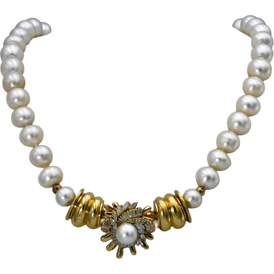 18k Yellow Gold Diamond & 10-12.5mm Cultured Pearl Strand Necklace 3.0CT