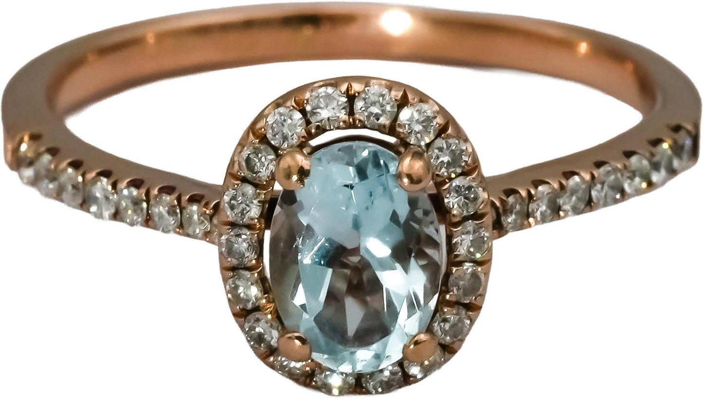 LE VIAN 14k Rose Gold Aquamarine and Diamond Halo Ring Size 8.5