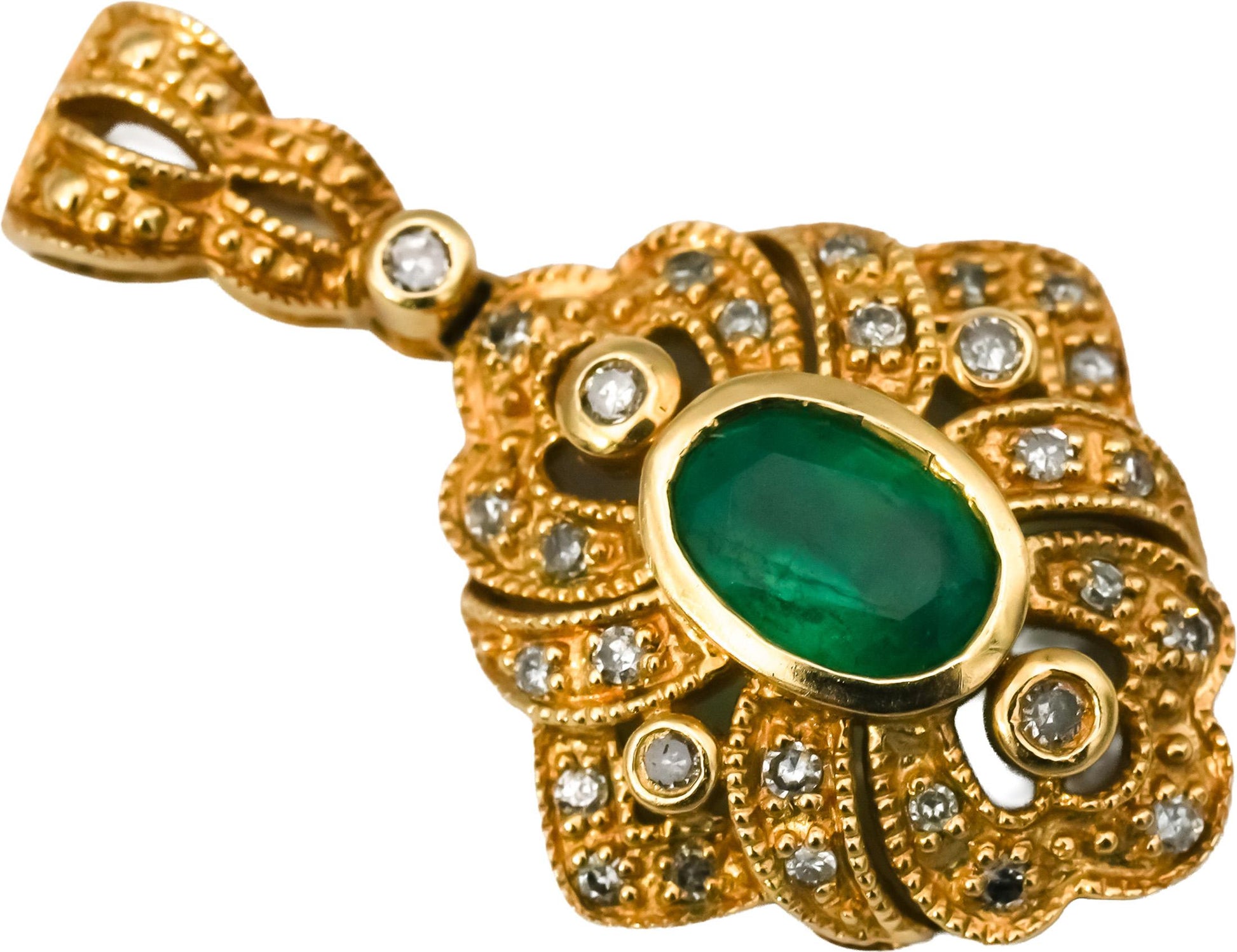 14k Yellow Gold Round Diamond and Oval Emerald Pendant 0.90CT