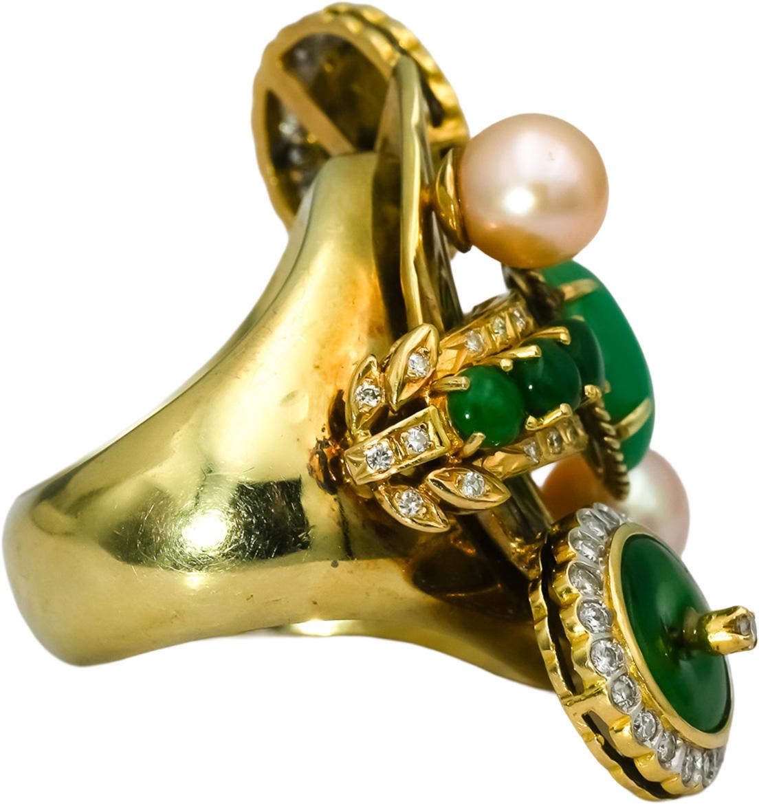 14k Yellow Gold Diamond Pearl Jade Retro Statement Ring Size 7