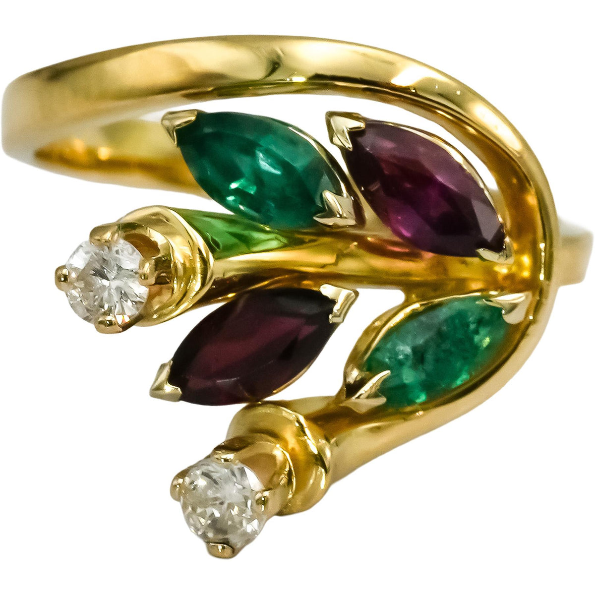 18k Yellow Gold Diamond Ruby Emerald Floral Ring 1.22CT Size 6