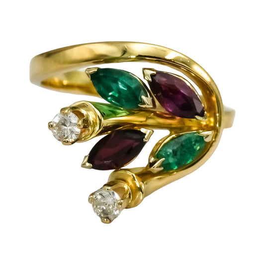 18k Yellow Gold Diamond Ruby Emerald Floral Ring 1.22CT Size 6