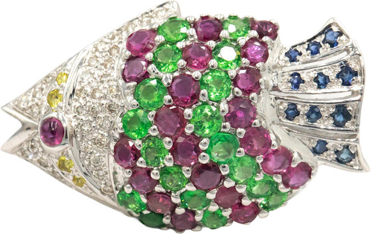 18k White Gold 4.70CT Diamond  Ruby Sapphire Tropical Fish Brooch