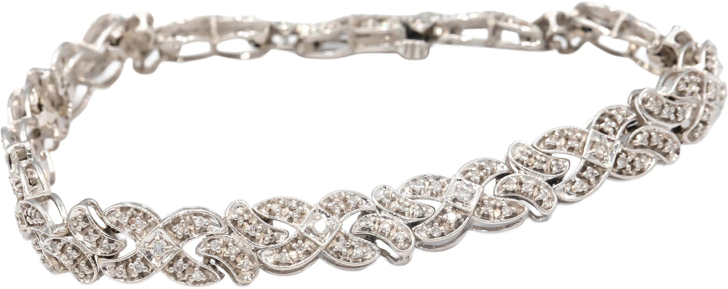 14k White Gold Round Diamond Fancy Link Bracelet 1.20CTW