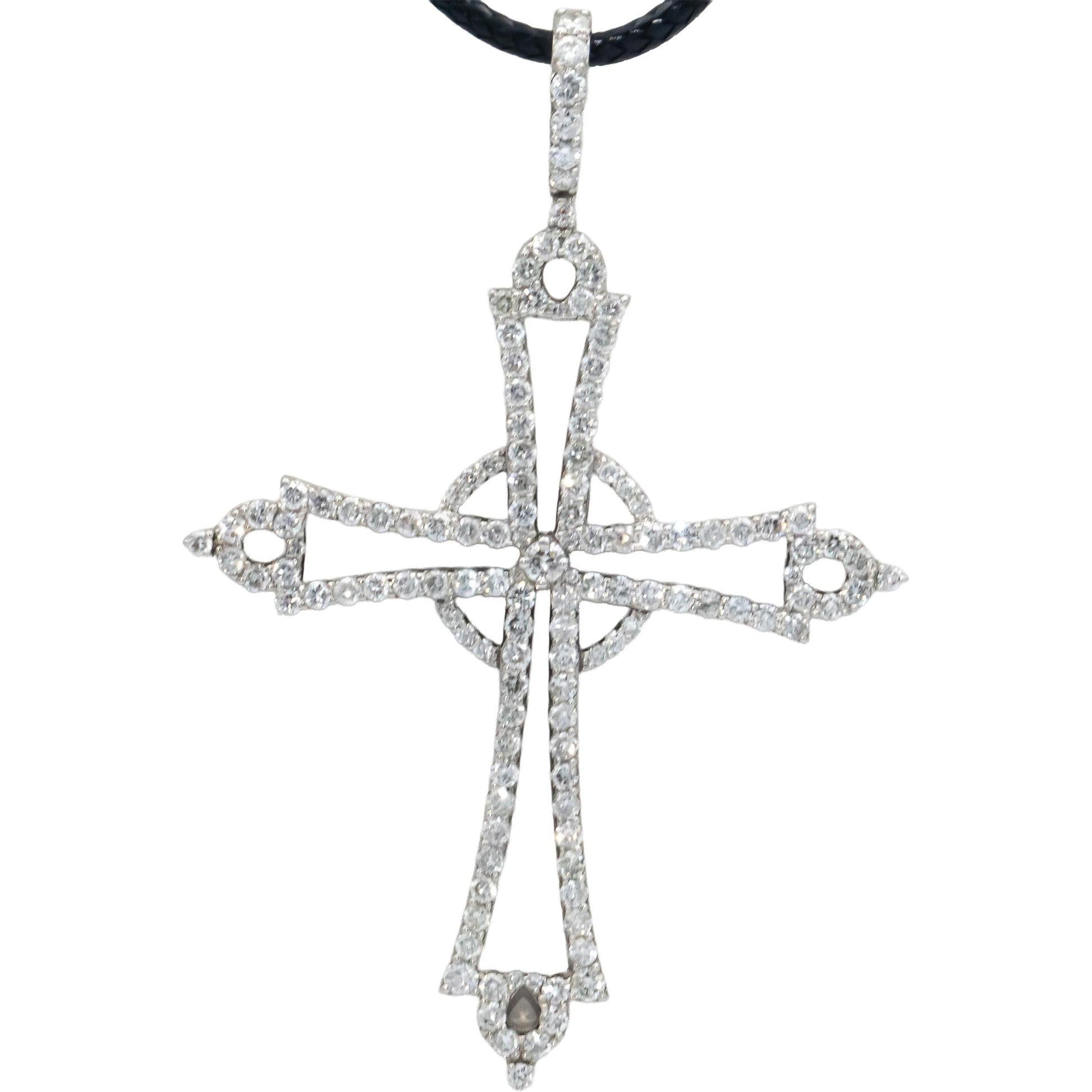 14k White Gold Diamond Cross Crucifix Pendant on Cord Necklace 2.27CT