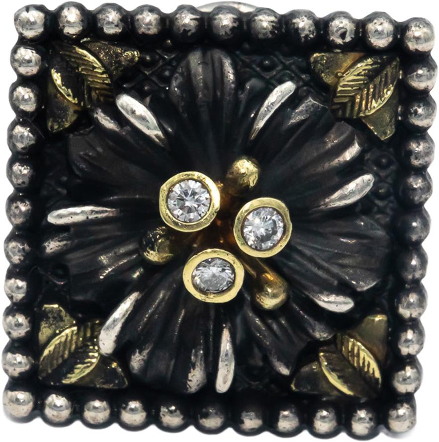 STAMBOLIAN 18k Gold Sterling Silver Diamond Floral Square Earrings 0.17CT