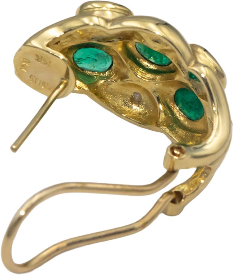 14k Yellow Gold 1.03CT Diamond and Emerald Curved Huggie Style Earrings