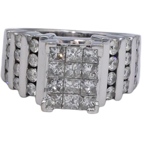 14k White Gold Princess & Round Diamond Cluster Cocktail Ring 2.0CT Size 7