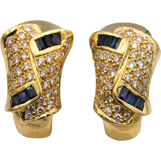 Diamond and Sapphire 18k Yellow Gold Curved Clip On Earrings 2.10CT