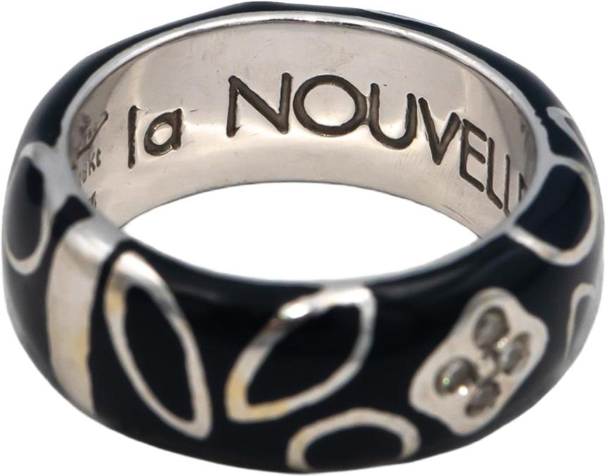 LA NOUVELLE BAGUE 18k White Gold Diamond & Enamel Band Ring 0.10CT Size 4.75