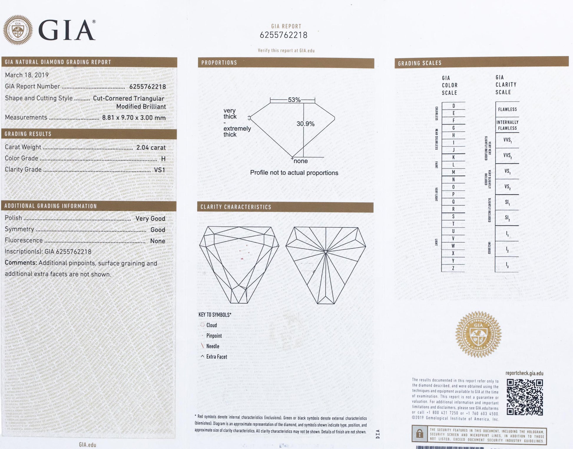 GIA Certified Trillion Shape Loose Diamond VS1/H 2.04CT