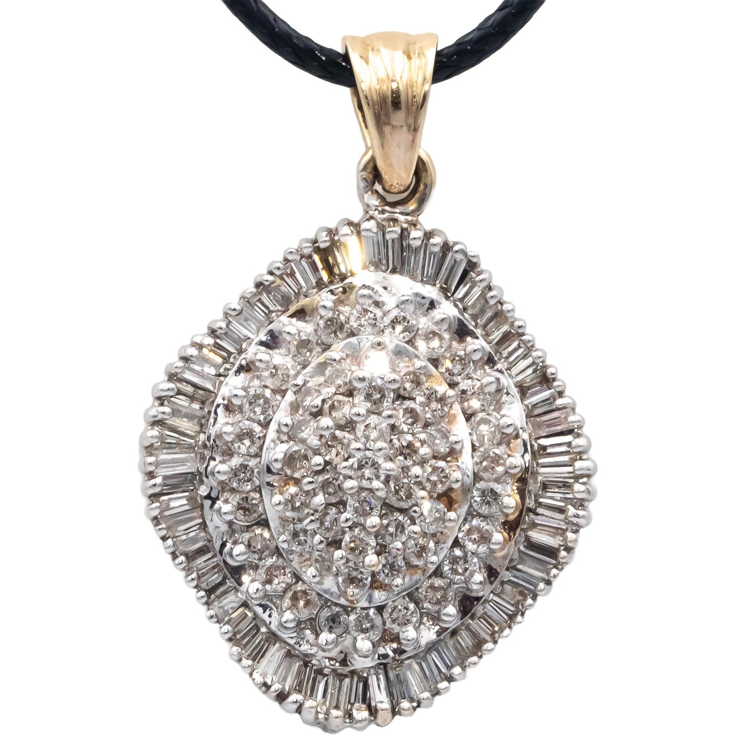 14k White & Yellow Gold Round and Baguette Cut Diamond Cluster Pendant 2.50CT