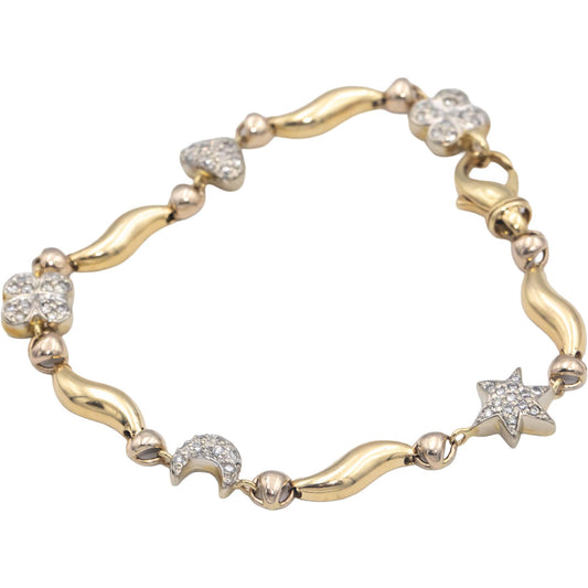 14k Yellow Gold 0.50CT Round Cut Diamond Mixed Themes Link Bracelet
