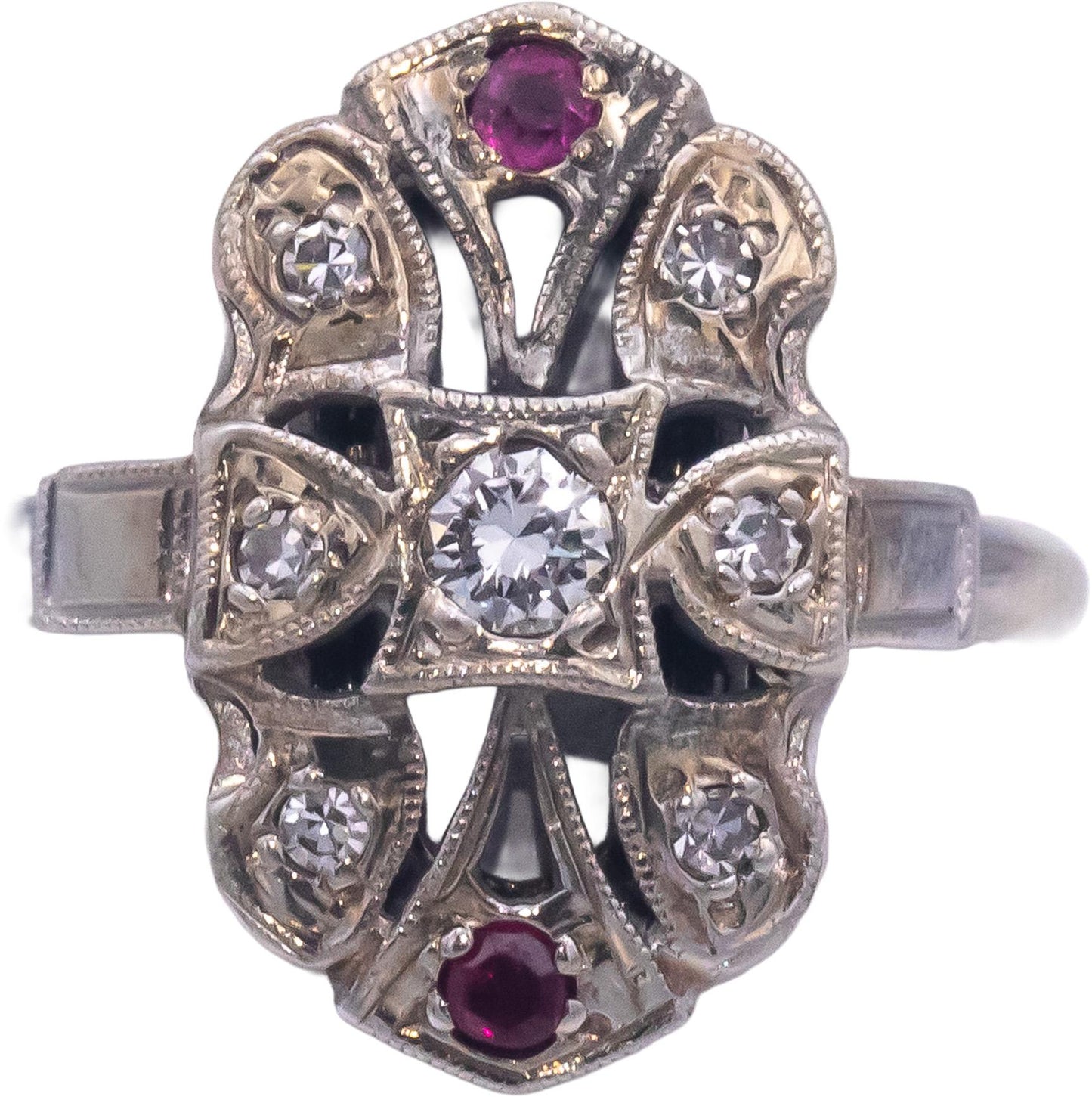 Antique Vintage 14k White Gold 0.27CT Diamond and Ruby Filigree Ring Size 6