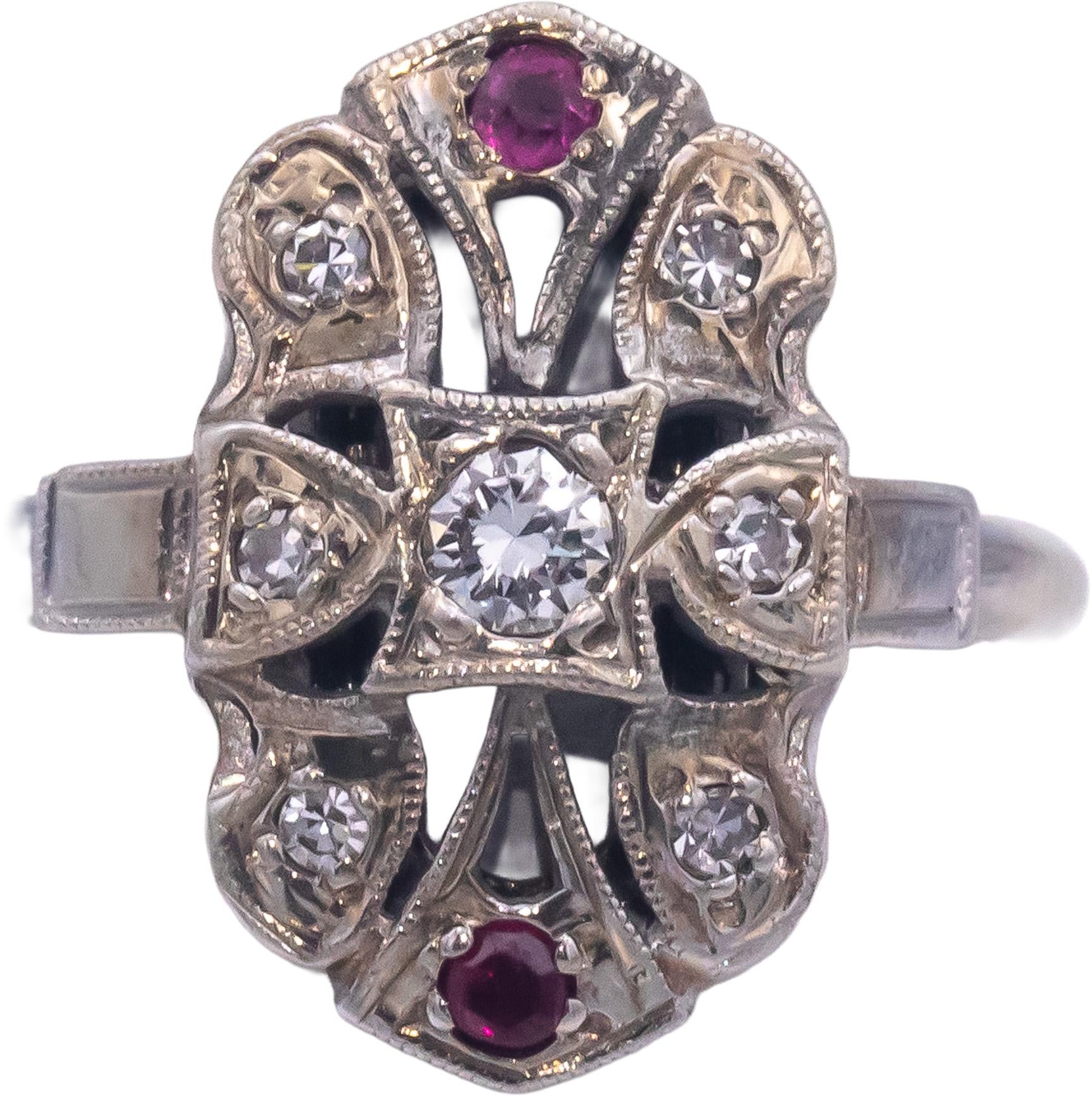 Antique Vintage 14k White Gold 0.27CT Diamond and Ruby Filigree Ring Size 6