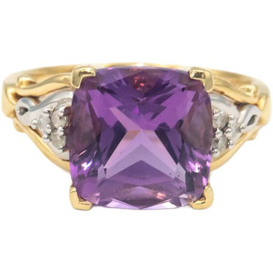 14k Yellow & White Gold 3.05CT Amethyst and Diamond Cocktail Ring Size 6