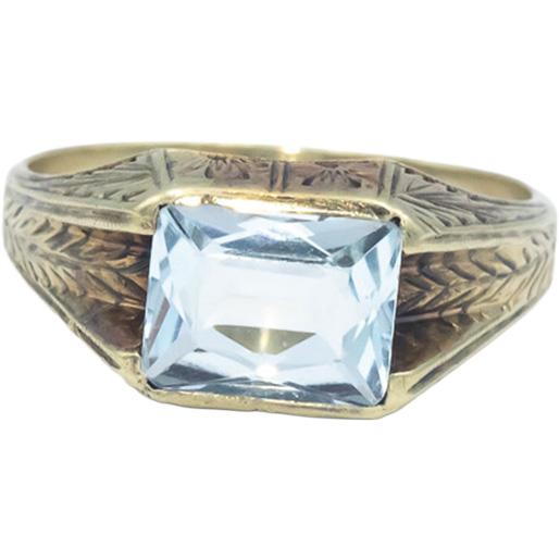 Vintage Antique 10k Yellow Gold 2.0CT Aquamarine Solitaire Filigree Ring Size 9