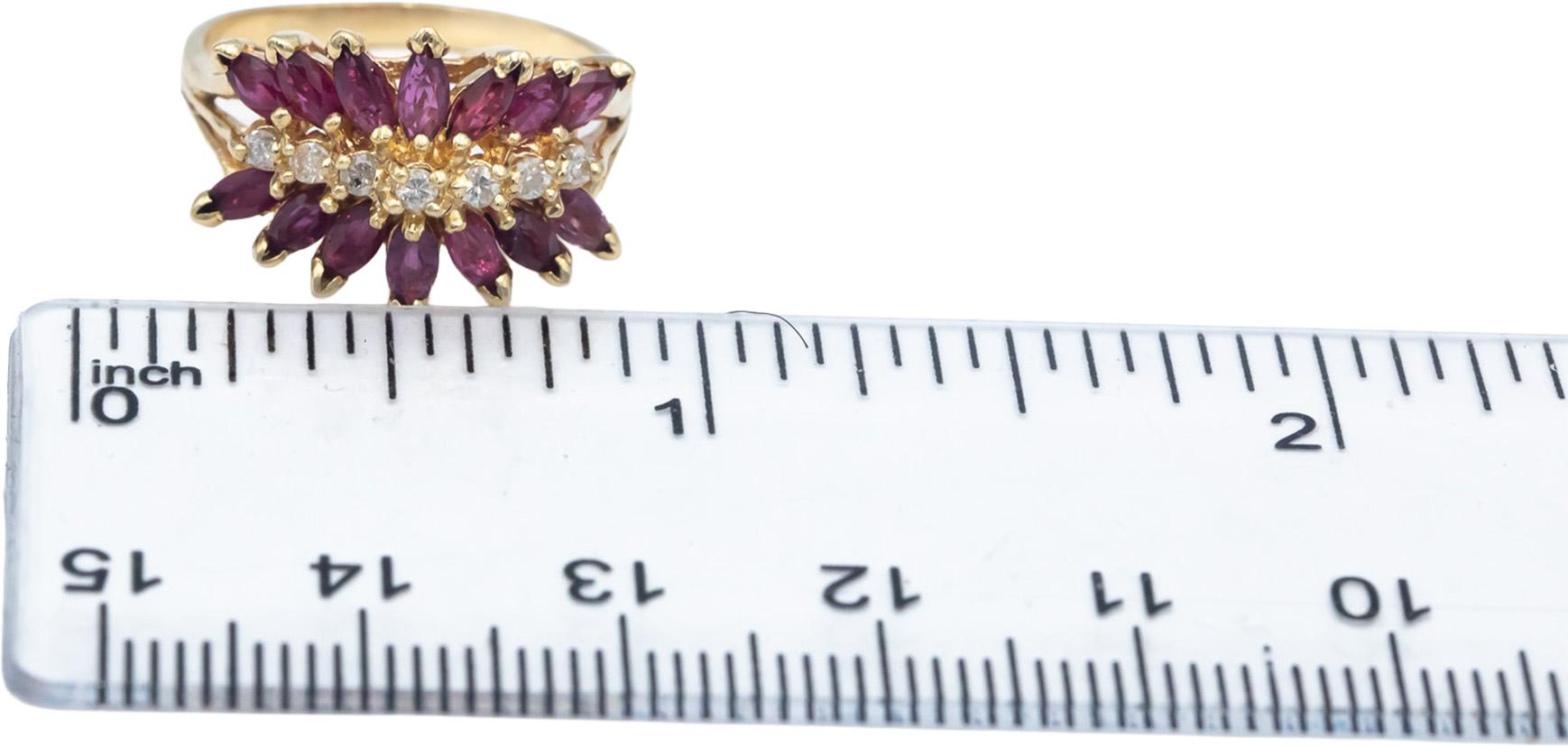 14k Yellow Gold Ruby and Diamond Cluster Cocktail Ring 1.15CT Size 7