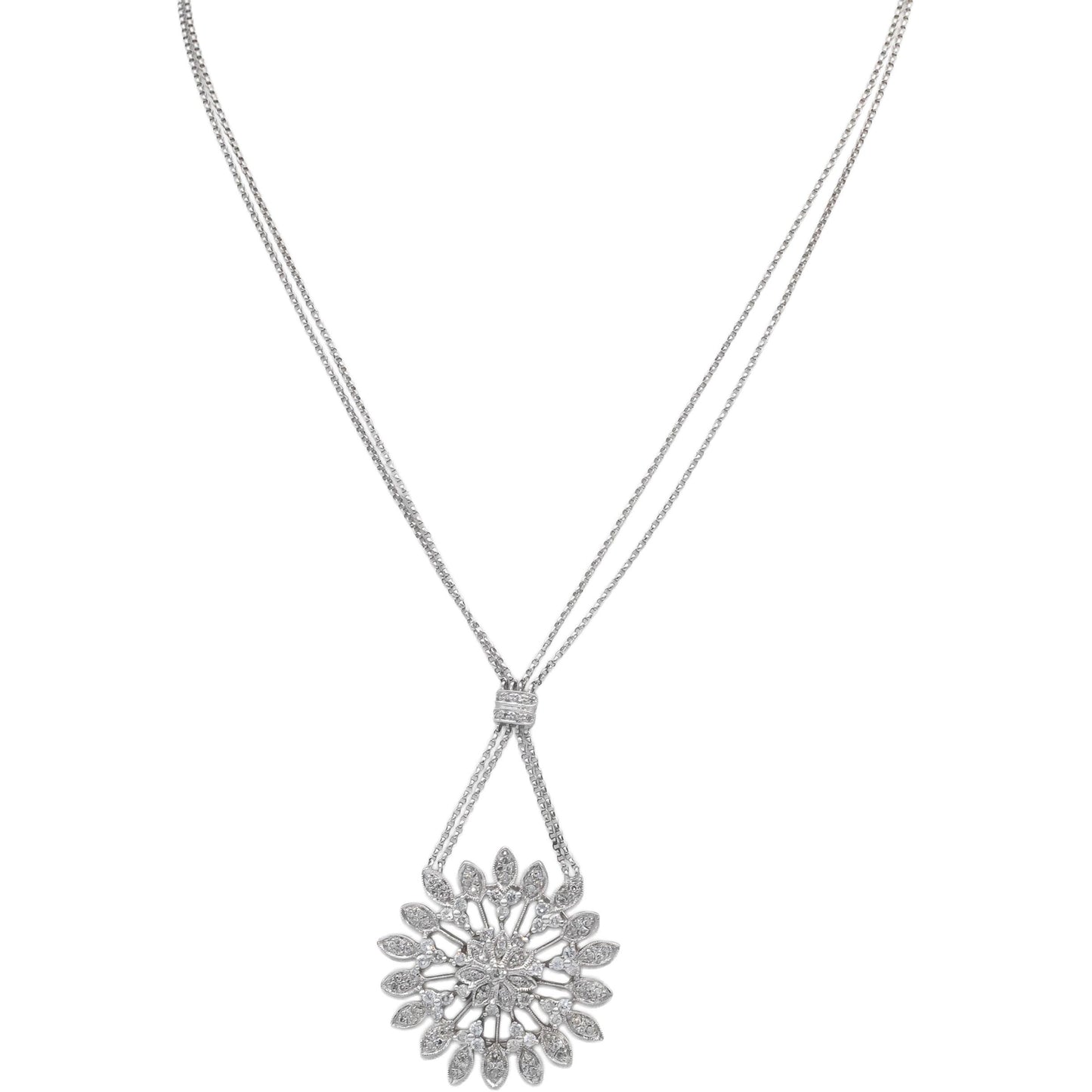Round Diamond 14k White Gold Floral Pendant Double Chain Necklace 1.0CT