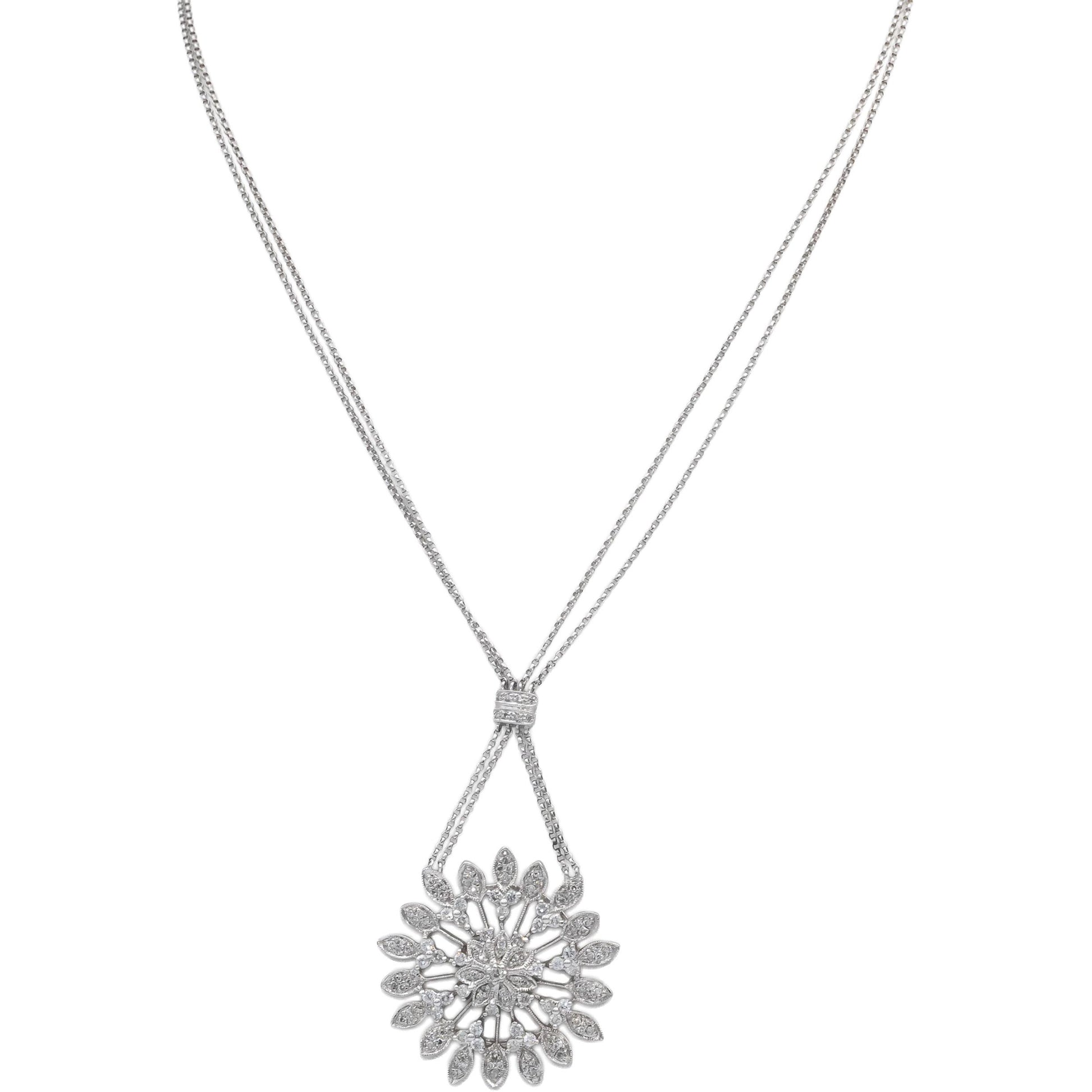 Round Diamond 14k White Gold Floral Pendant Double Chain Necklace 1.0CT
