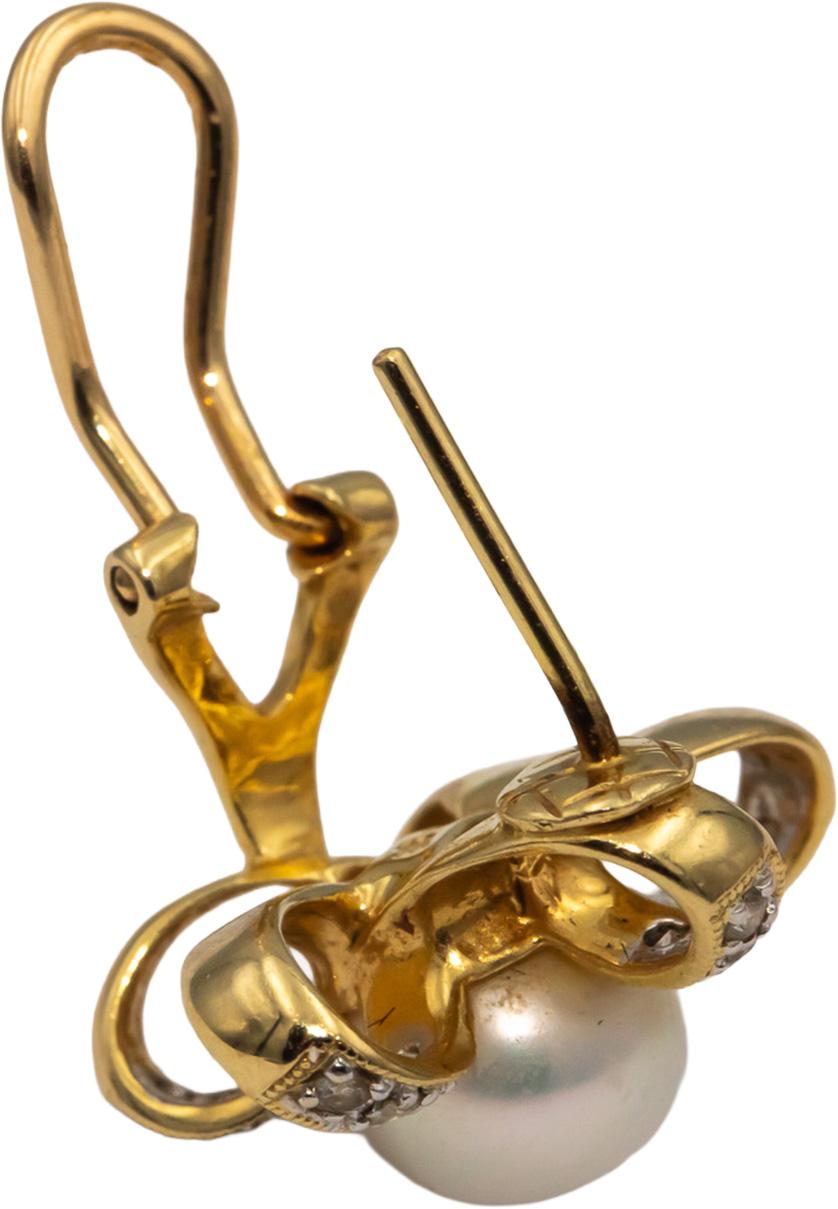 14k Yellow Gold Round Diamond & 8mm Pearl Floral Ribbon Earrings 0.25CT