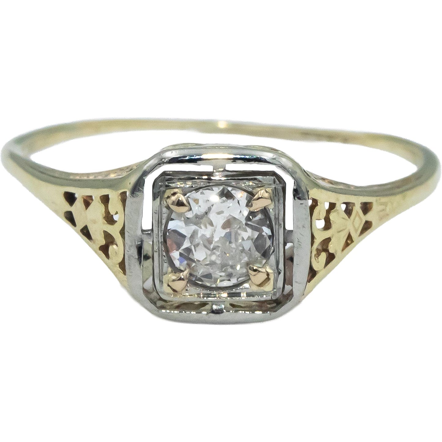 14k Yellow & White Gold Old Euro Diamond Solitaire Filigree Ring .33CT Size 8.75