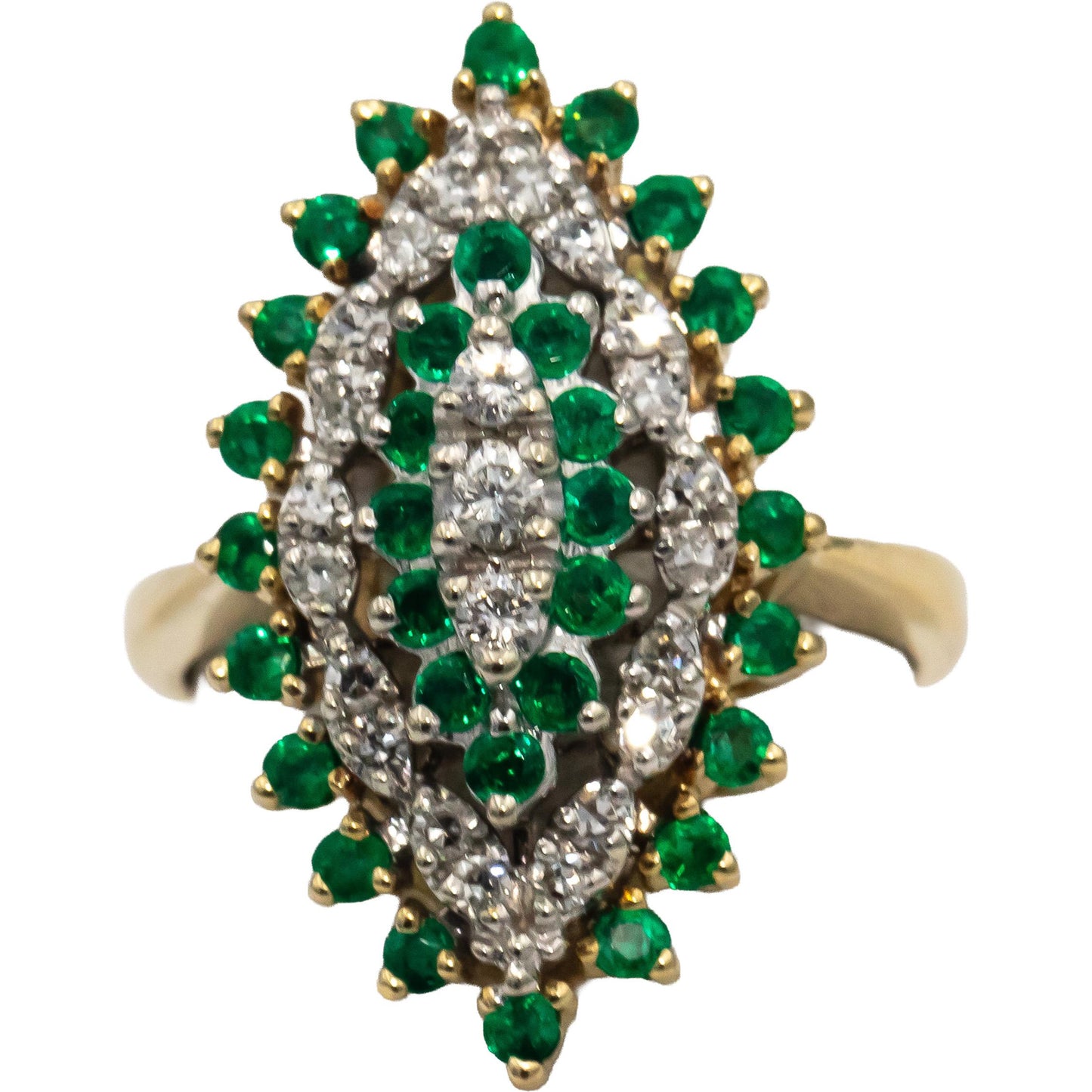 14k Yellow White Gold Round Diamond Emerald Cluster Cocktail Ring 1.05CT Sz. 6.5