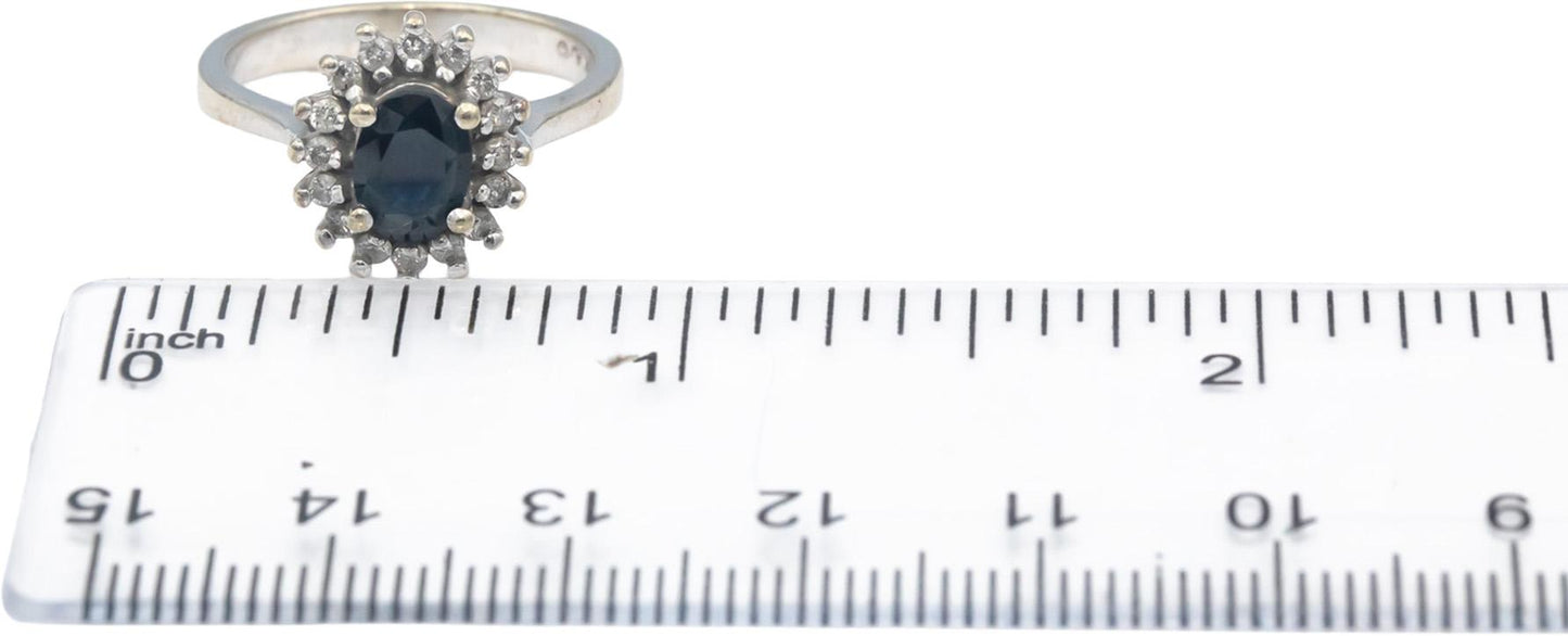 10k White Gold Round Diamond Oval Sapphire Halo Ring 1.0CT Size 6.75