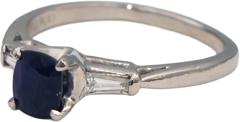 Platinum Cushion Sapphire & VS Baguette Diamond Cocktail Ring 1.11CT Size 7.5