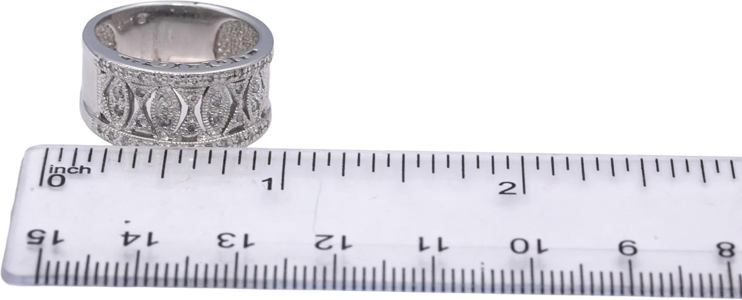 14k White Gold Round Diamond Wide Filigree Band Ring 0.27CT Size 7.25