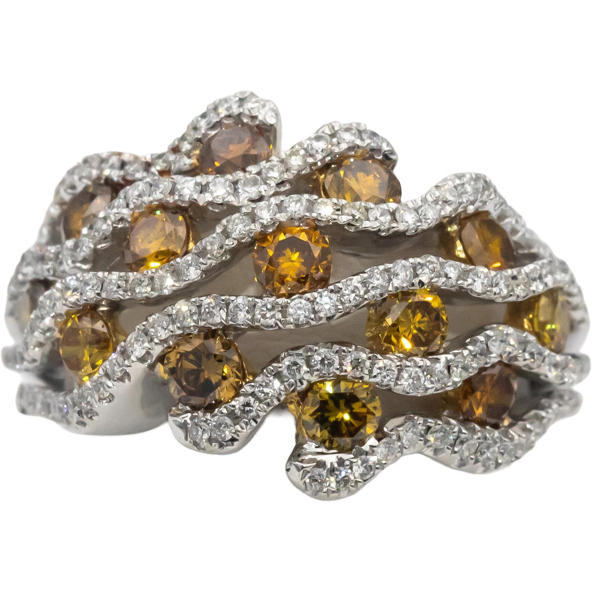 18k White Gold Round Orange & White Diamond Cocktail Ring 1.66CT Size 6.25