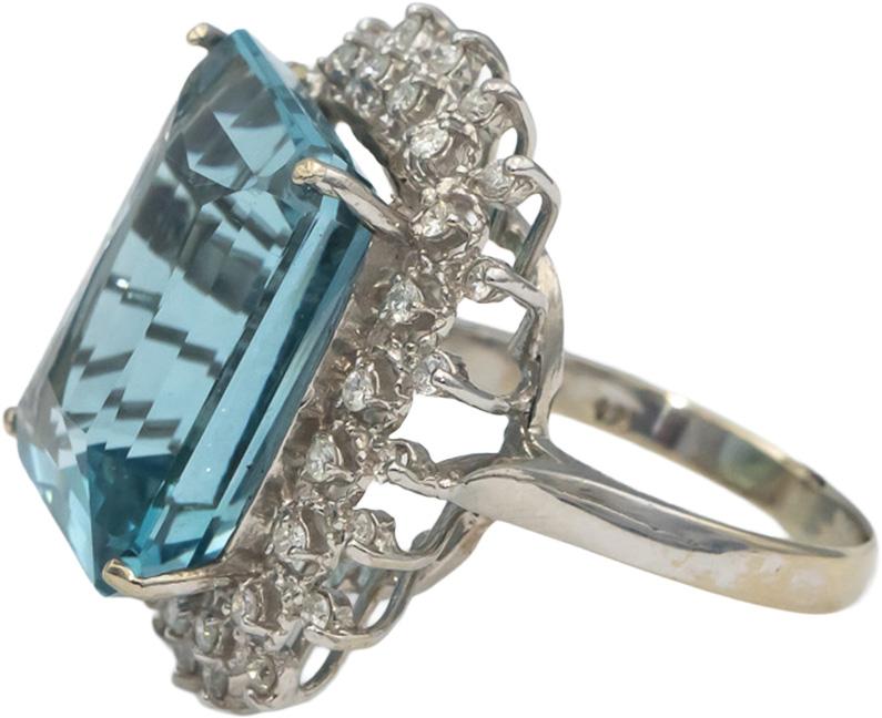 14k White Gold Emerald Cut Aquamarine Round Diamond Cocktail Ring 0.87CT Sz. 8.5