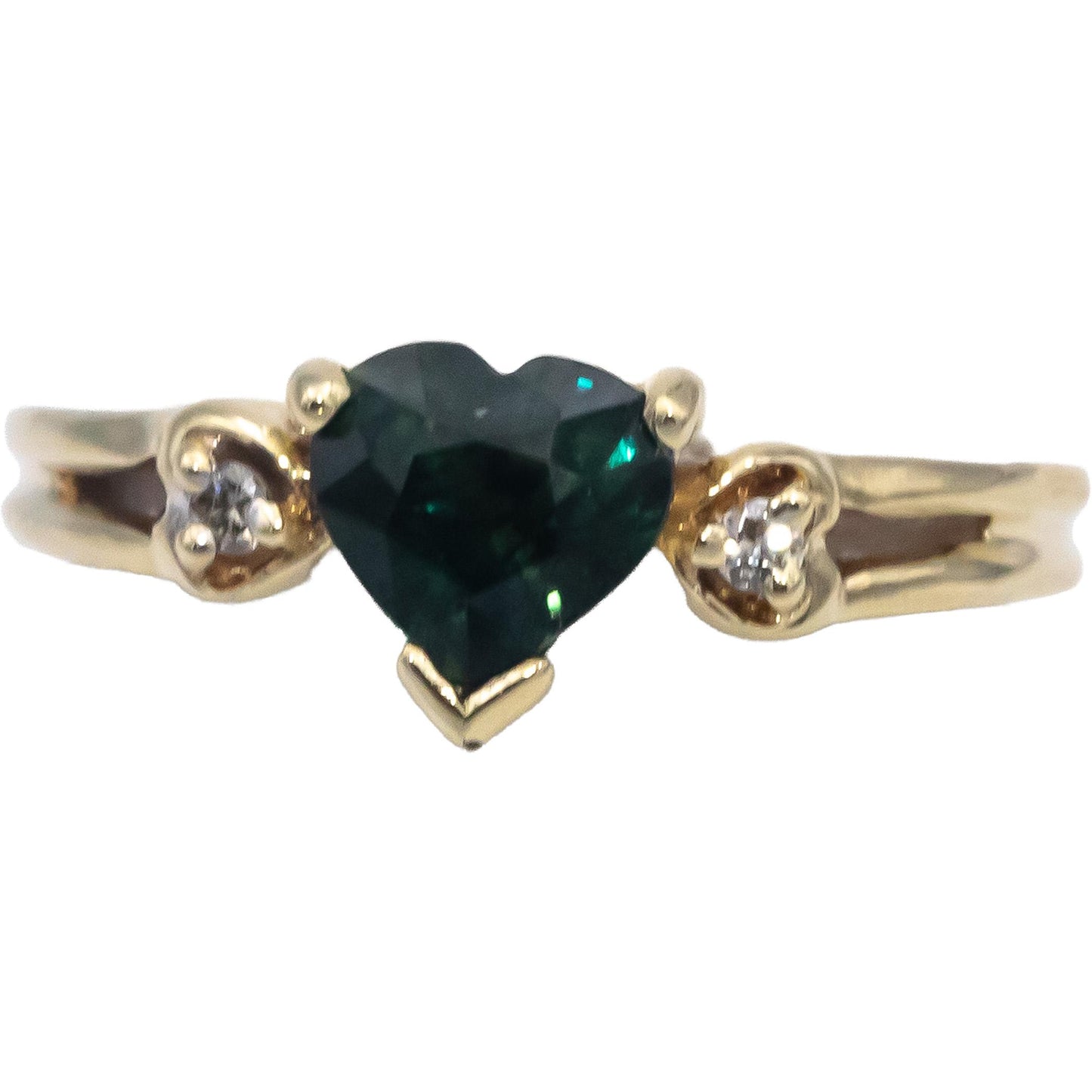 10k Yellow Gold Heart Cut Green Sapphire & Round Diamond Cocktail Ring 0.91CT