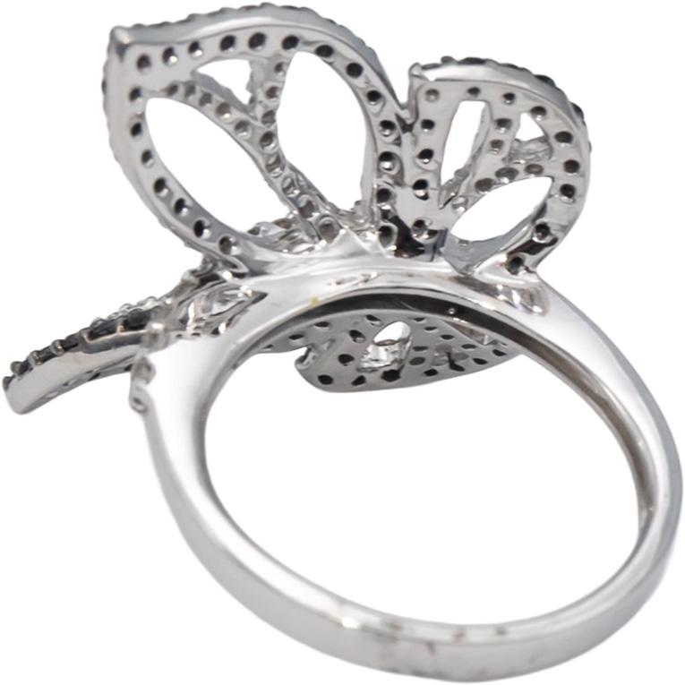 14k White Gold Round White and Black Diamond Butterfly Ring 0.90CT Size 6.5