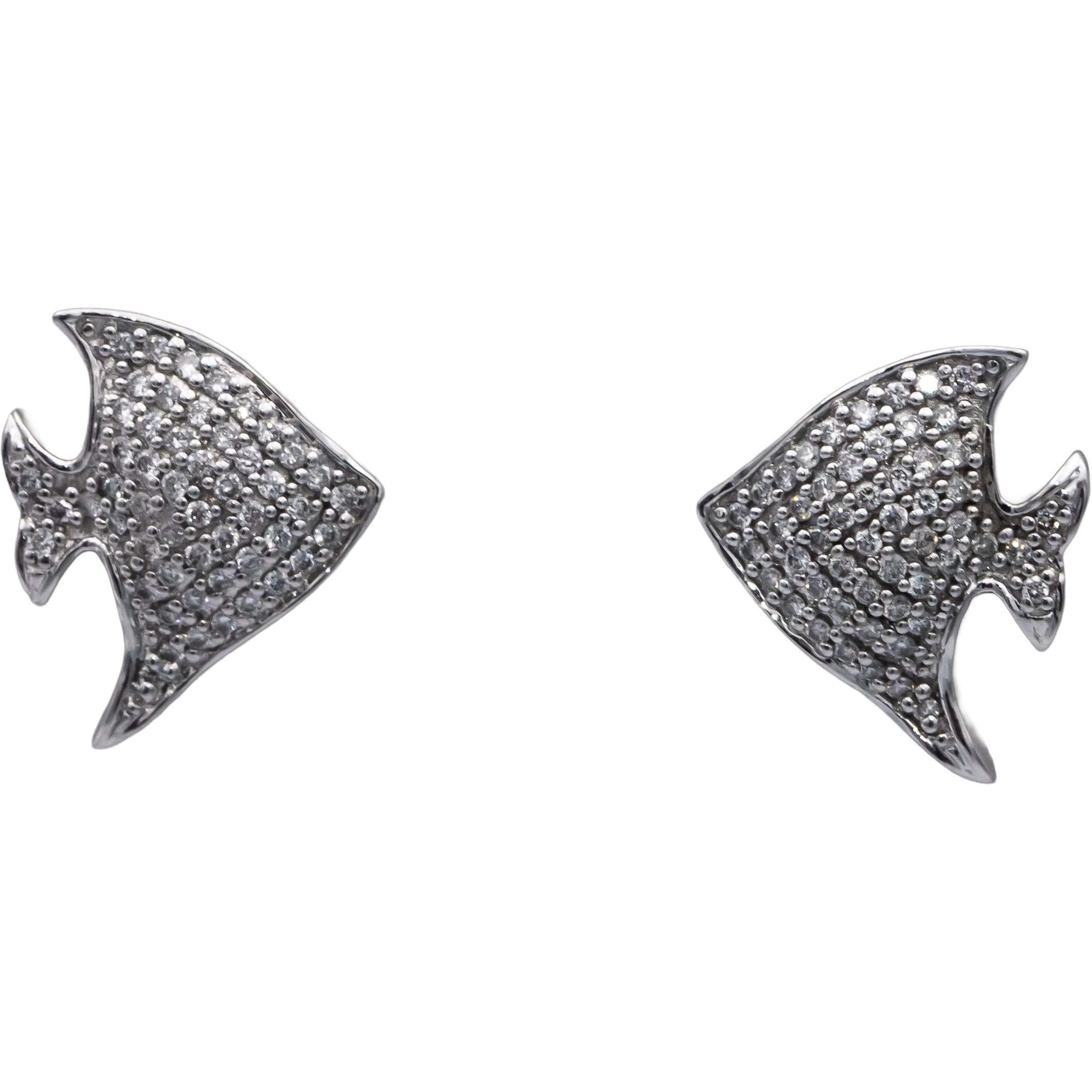 18k White Gold Round Diamond Cluster Tropical Angel Fish Stud Earrings 0.40CTW
