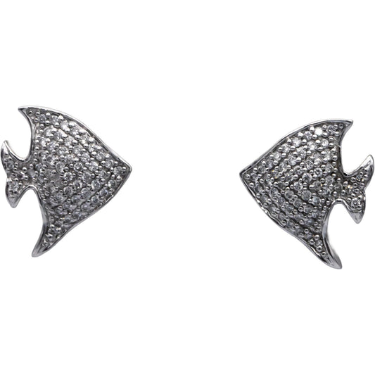 18k White Gold Round Diamond Cluster Tropical Angel Fish Stud Earrings 0.40CTW