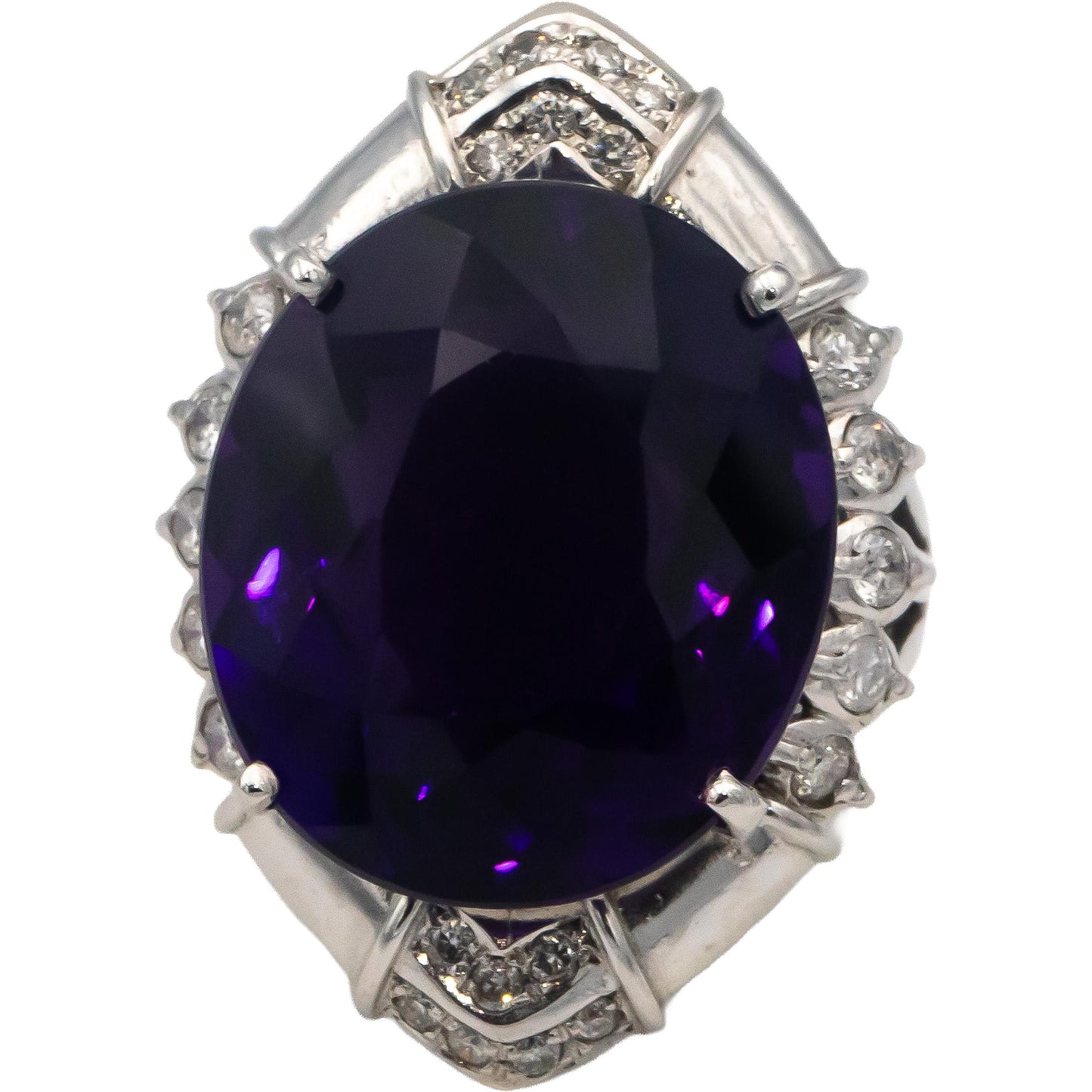 18k White Gold Oval Cut Amethyst Round Diamond Cocktail Ring 23.50CT Size 9