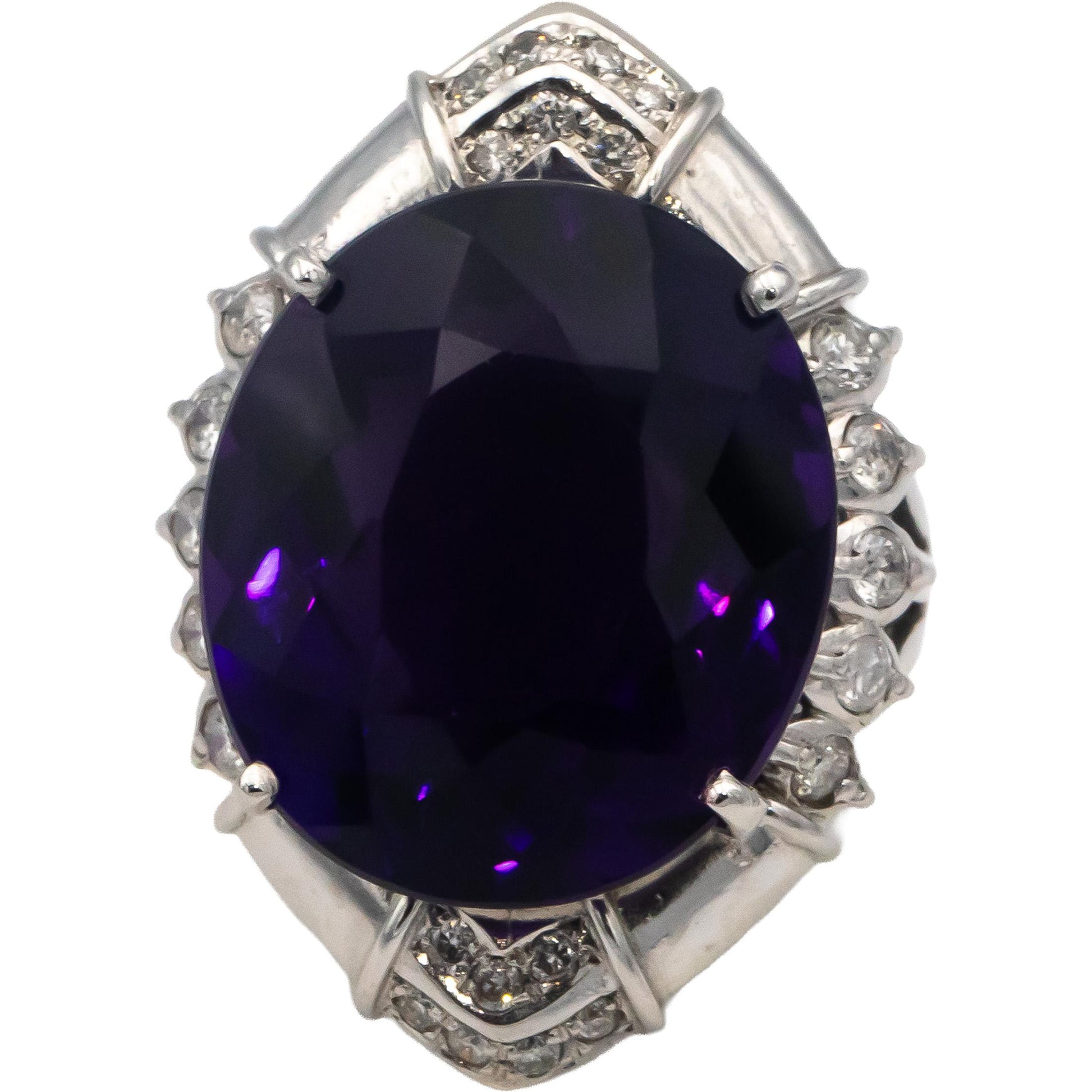18k White Gold Oval Cut Amethyst Round Diamond Cocktail Ring 23.50CT Size 9