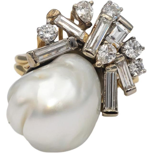 18k Yellow Gold VS Diamond & 14-15mm Baroque Pearl Cocktail Ring 1.10CT Size 7.5