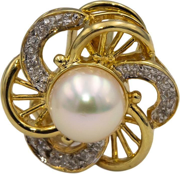 14k Yellow Gold Round Diamond and Pearl Floral Earrings 0.08CT