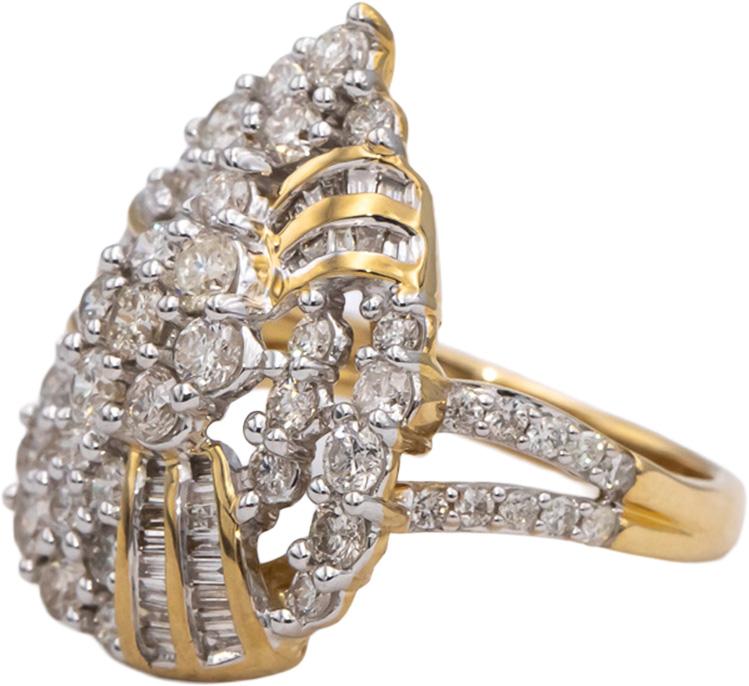 10k Yellow Gold Round and Baguette Diamond Cluster Cocktail Ring 2.0CT Size 7