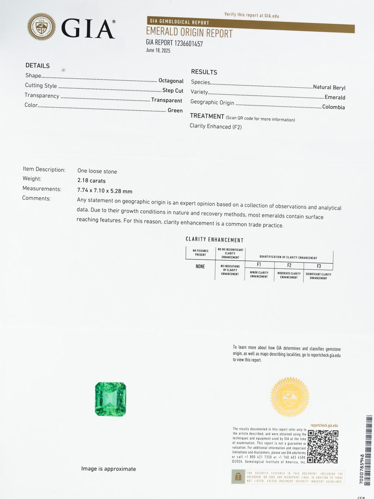 GIA Certified Natural Colombian Emerald Octagonal Cut Loose Gemstone 2.18CT